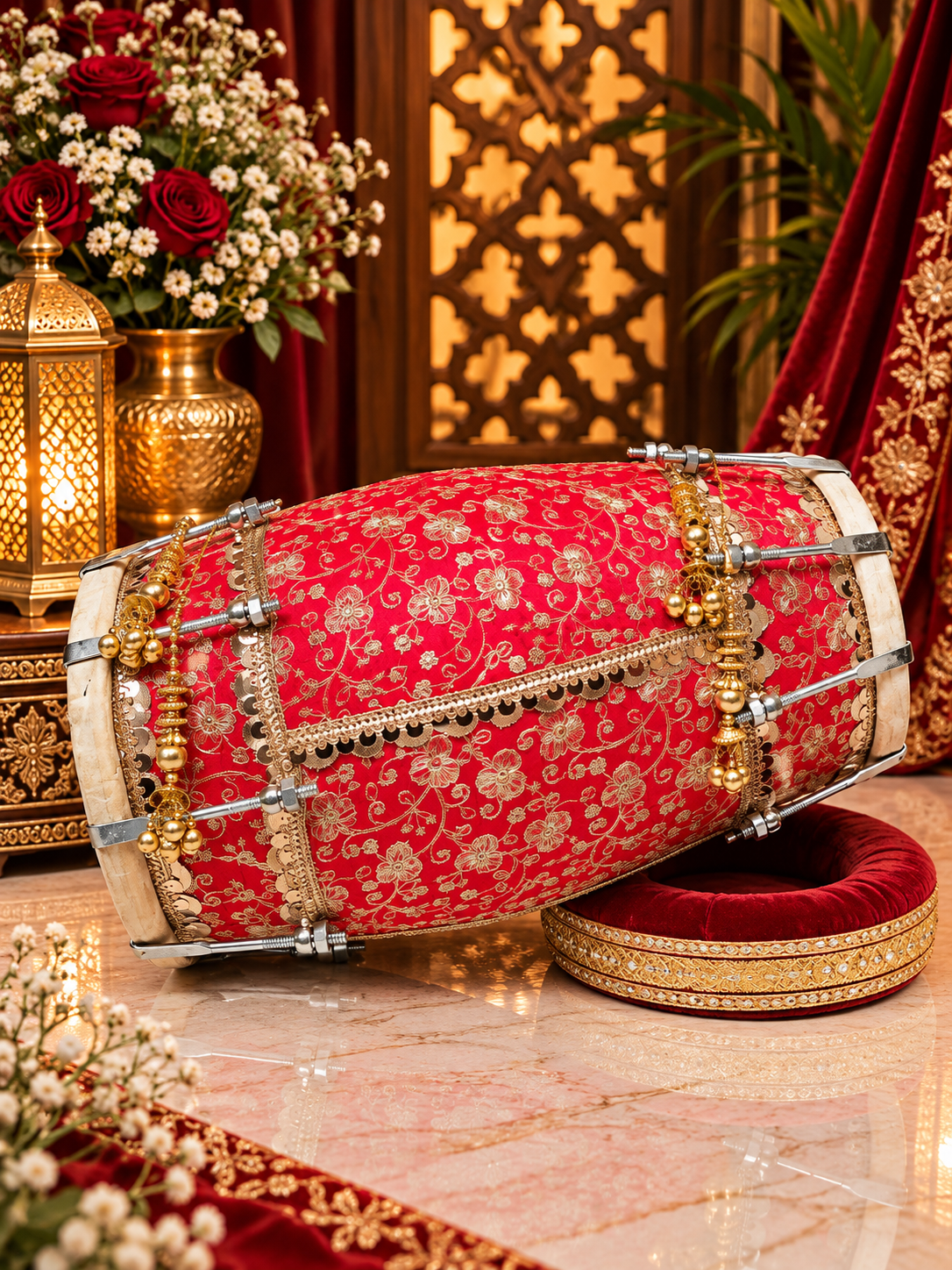 Gulabi Shringar – Royal Scarlet & Gold Floral Sherwani-Wrapped Designer Mehendi Night Dholak with Decorative Golden Ornaments (R1)