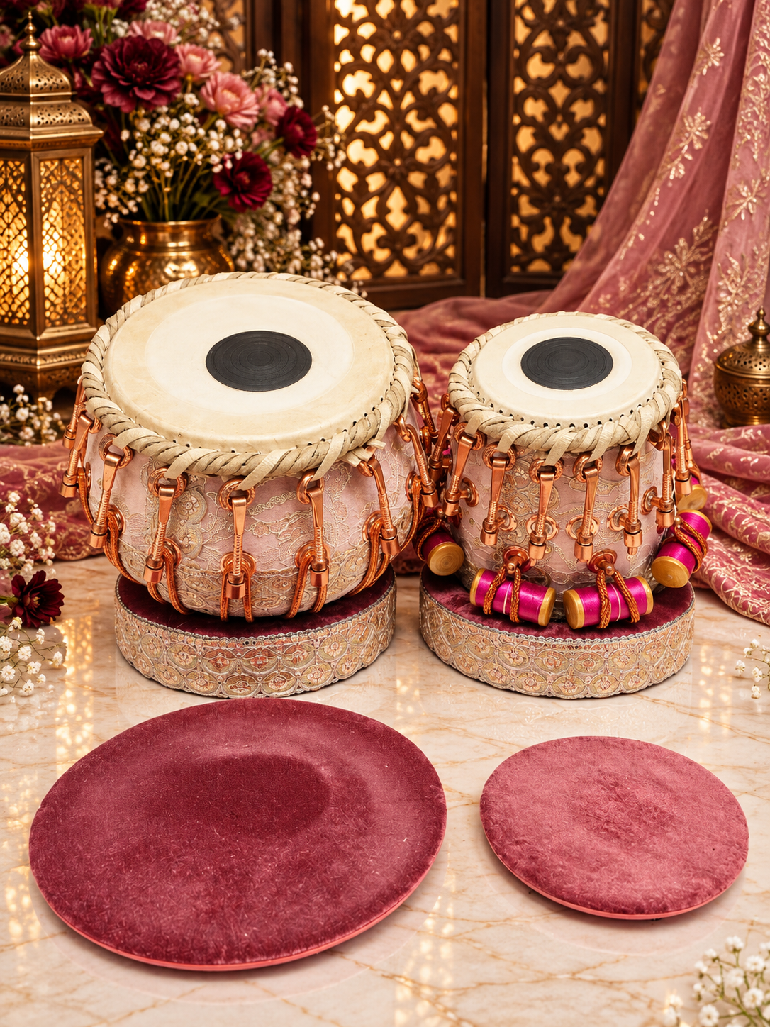 Gulabi Noor – Pink & Silver Sherwani-Wrapped Bolted Tabla Set | 5¾" C# Red Sheesham Dayan & 9¼" Copper Bayan *Benares Style Thick Bayan Skin