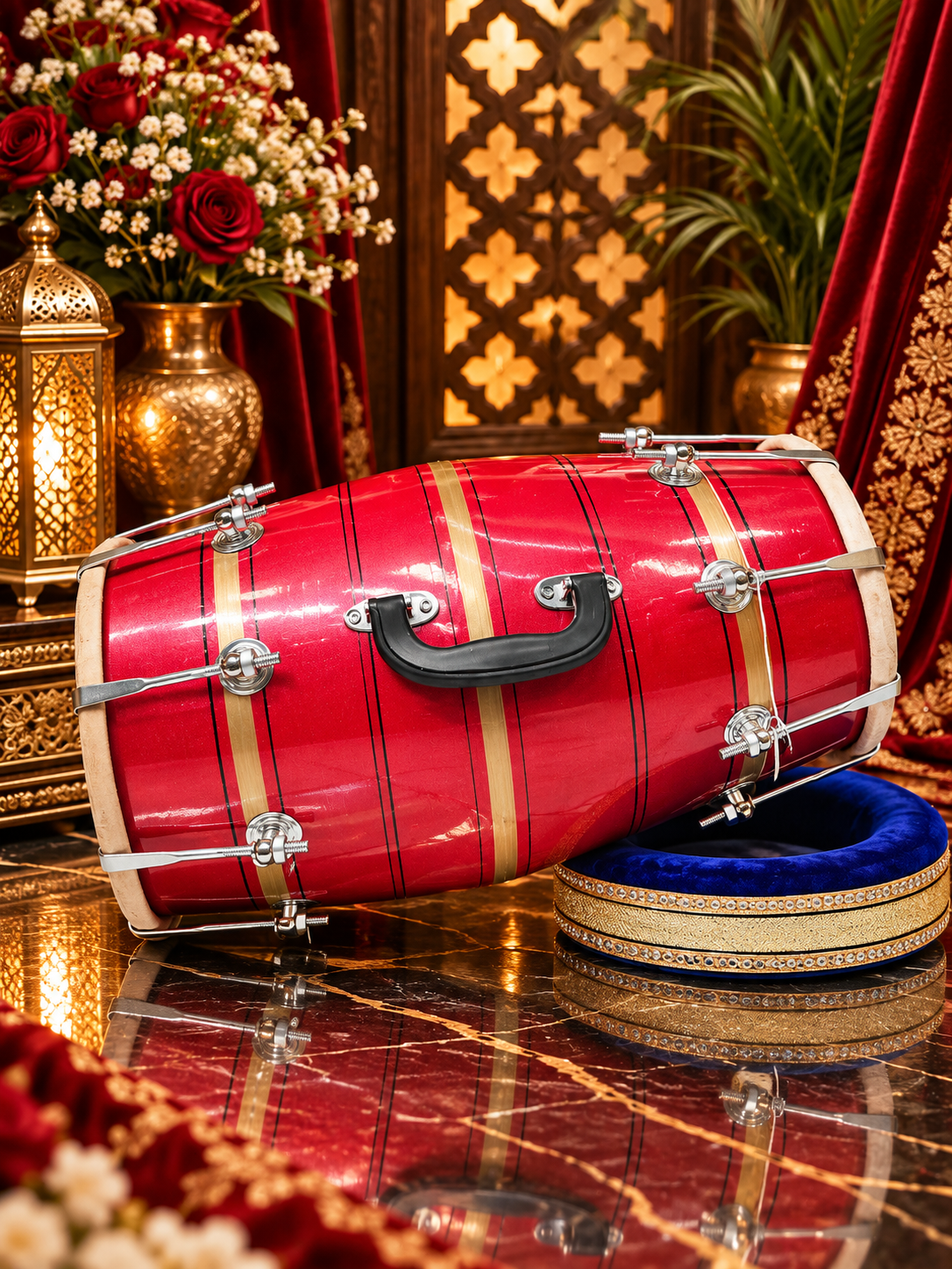 Agni Rekha – Metallic Ruby Red & Champagne Gold Striped Student Dholak with Black Pinstripes & Carrying Handle *Very Minor Cosmetic Blemishes (R3)