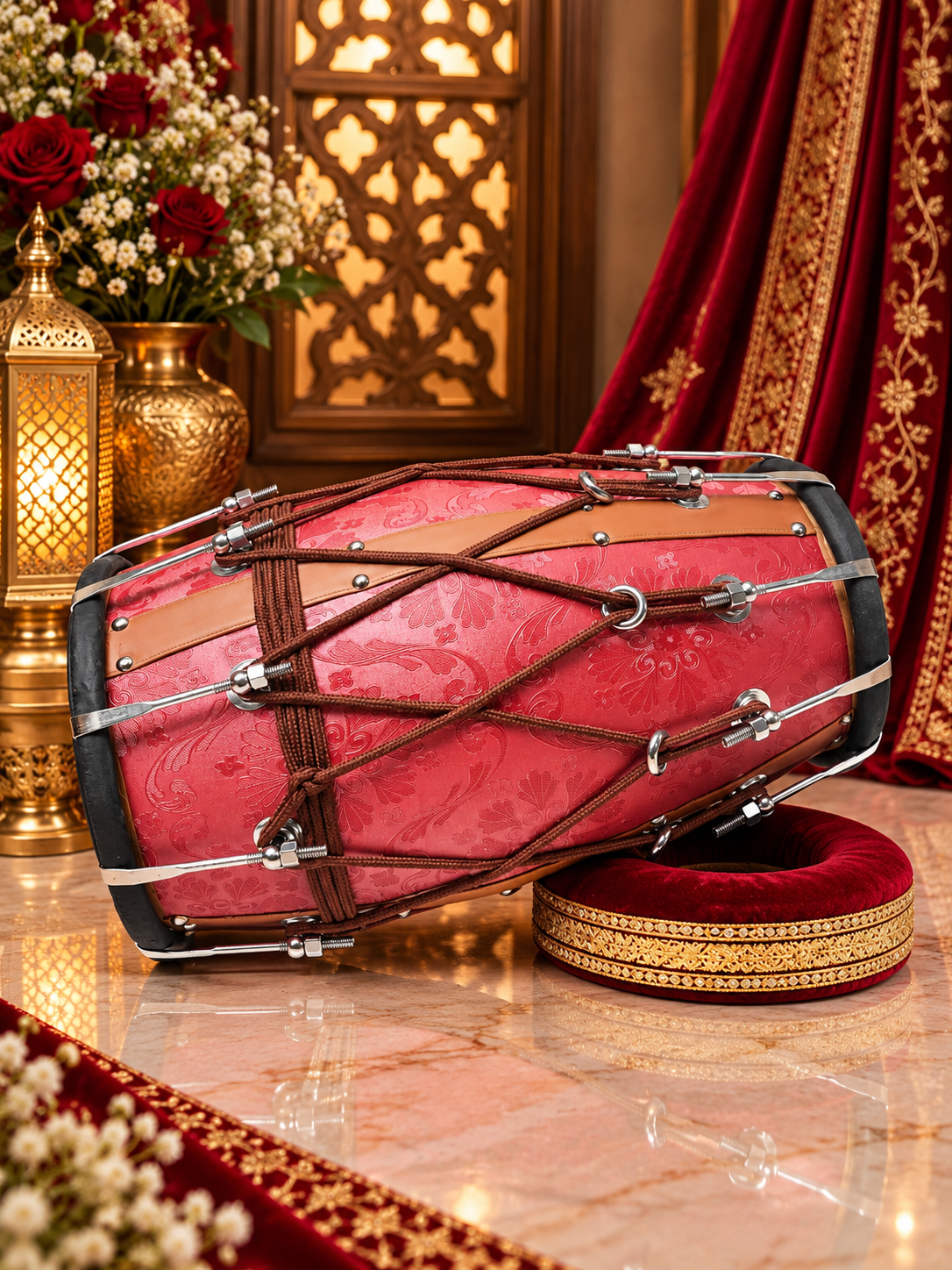 Royal Crimson Floral-Embossed Designer Leather-Wrapped Dholak with Tan Accents