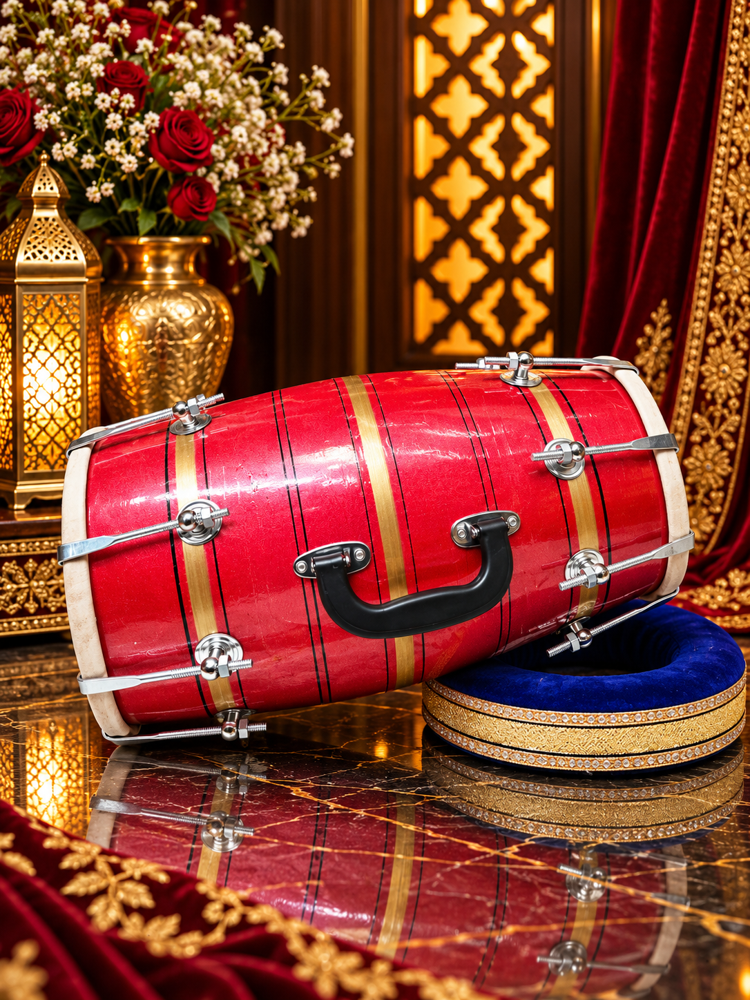 Lal Shakti – Metallic Crimson Red & Champagne Gold Striped Student Dholak with Black Pinstripes & Carrying Handle *Minor Cosmetic External Crack & Blemishes (R2)
