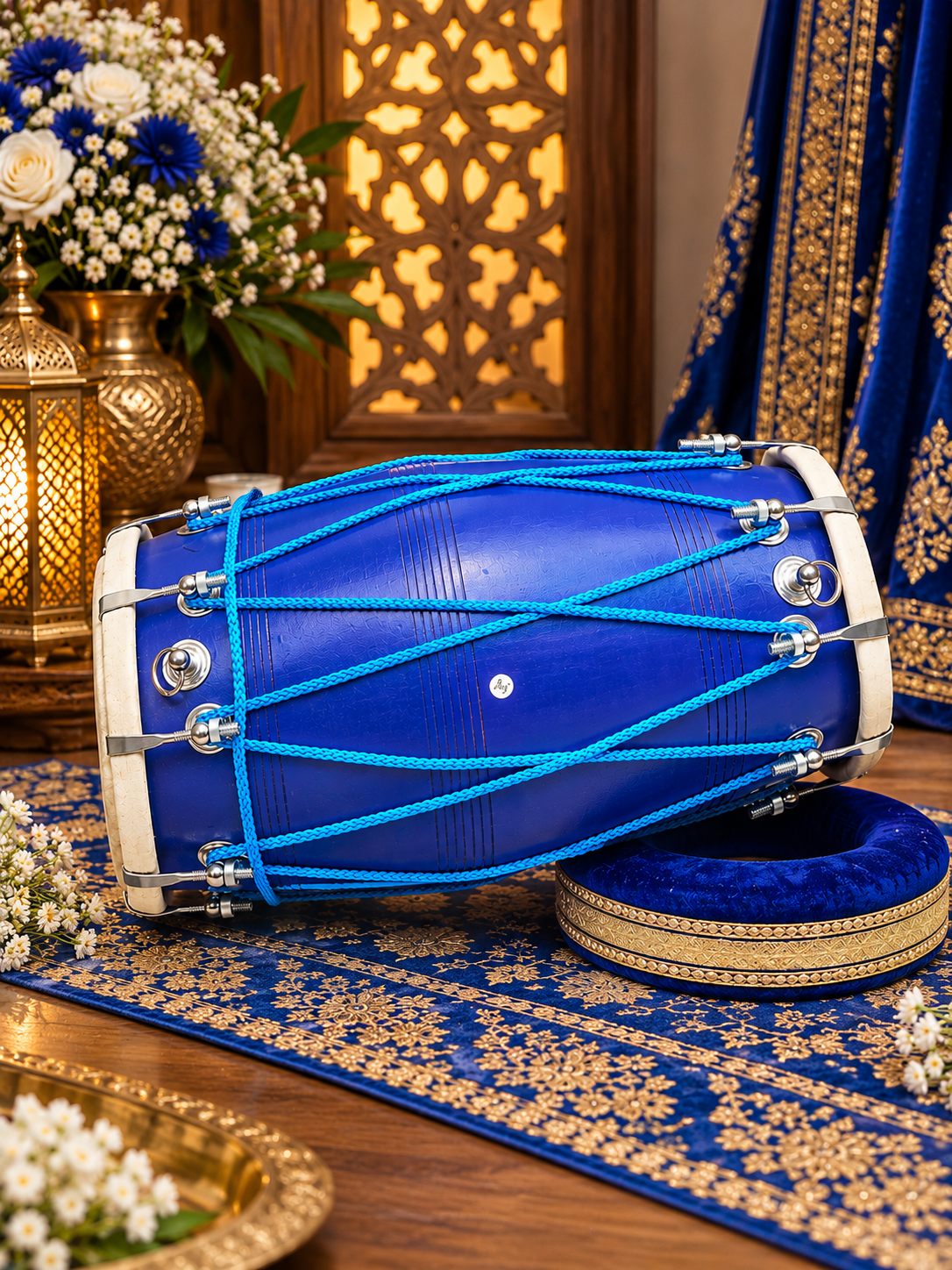 Taal Ranjani Professional Blue Painted Dholak – Chrome Bolts, Blue Ropes for Aesthetics *Minor Cosmetic Blemishes / Cosmetic crack