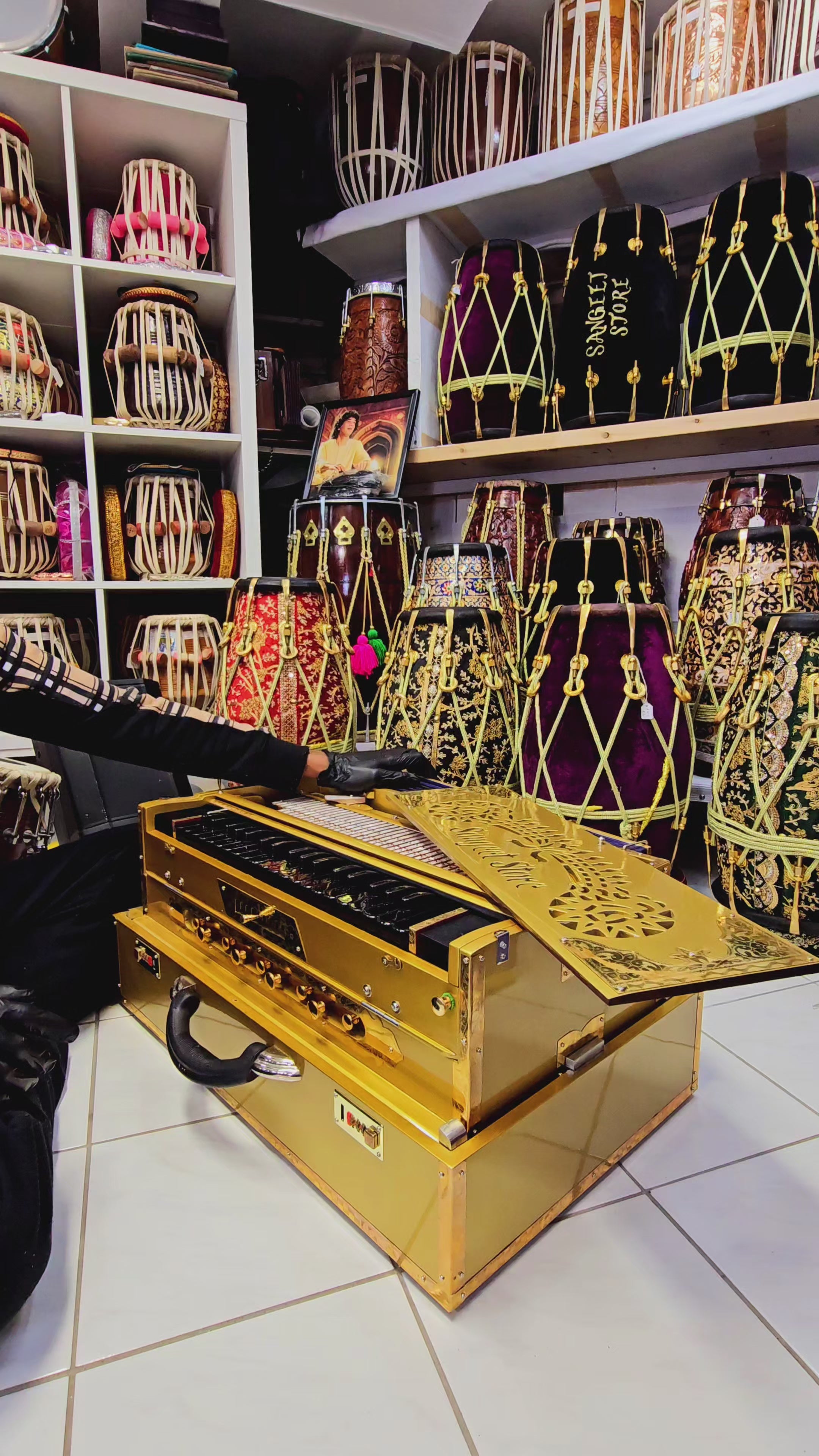 Divine Symphony: Golden Enigma 3 Reed BMF 9 Scale-Changer Sangeet Store Harmonium with Ebony Keys and Opulent Golden Accents