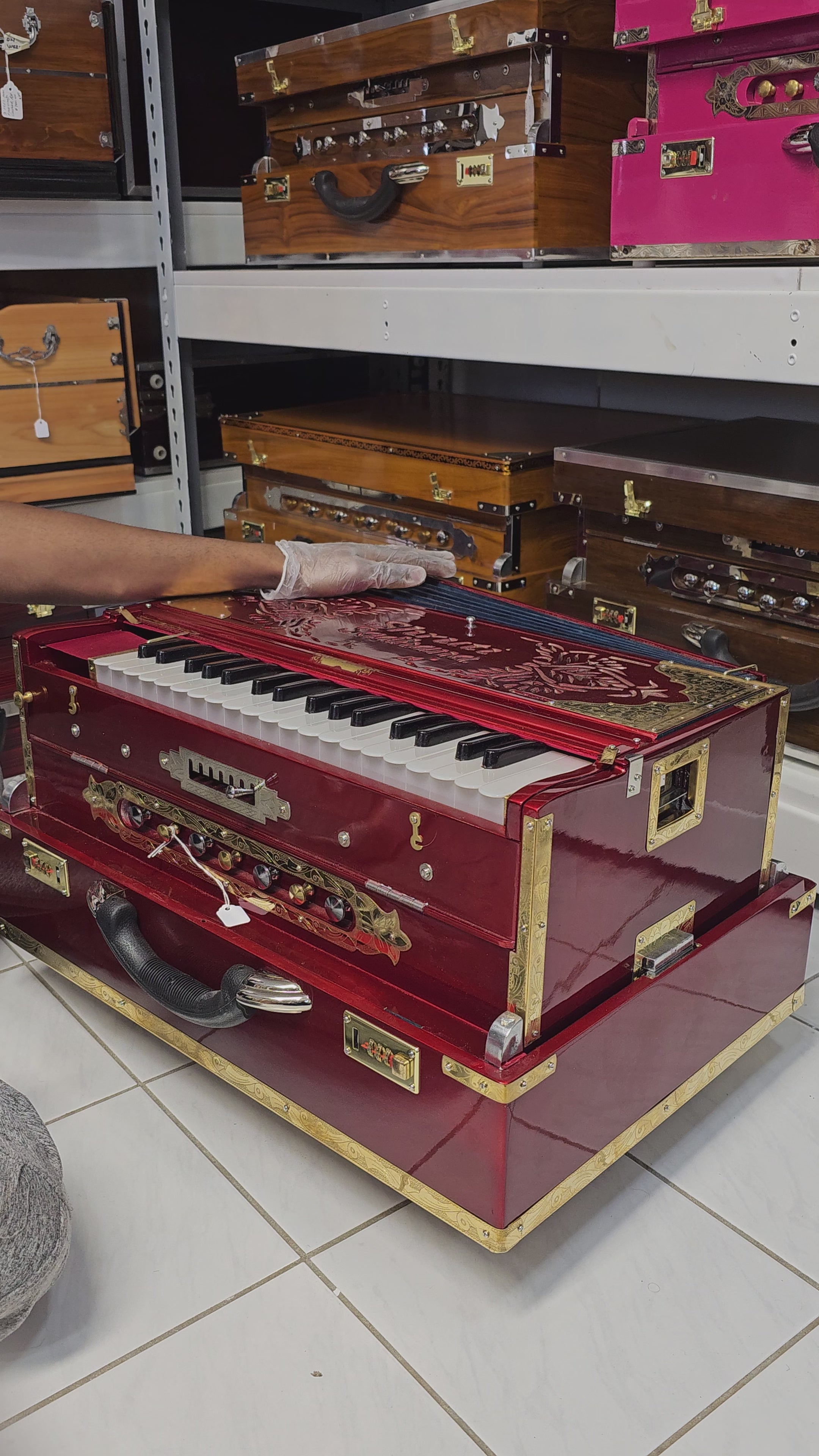 Scarlet Serenade 7- A Portable and Compact Glossy Red Scale-Changer Shruti Sadhana Harmonium with Golden Accents!