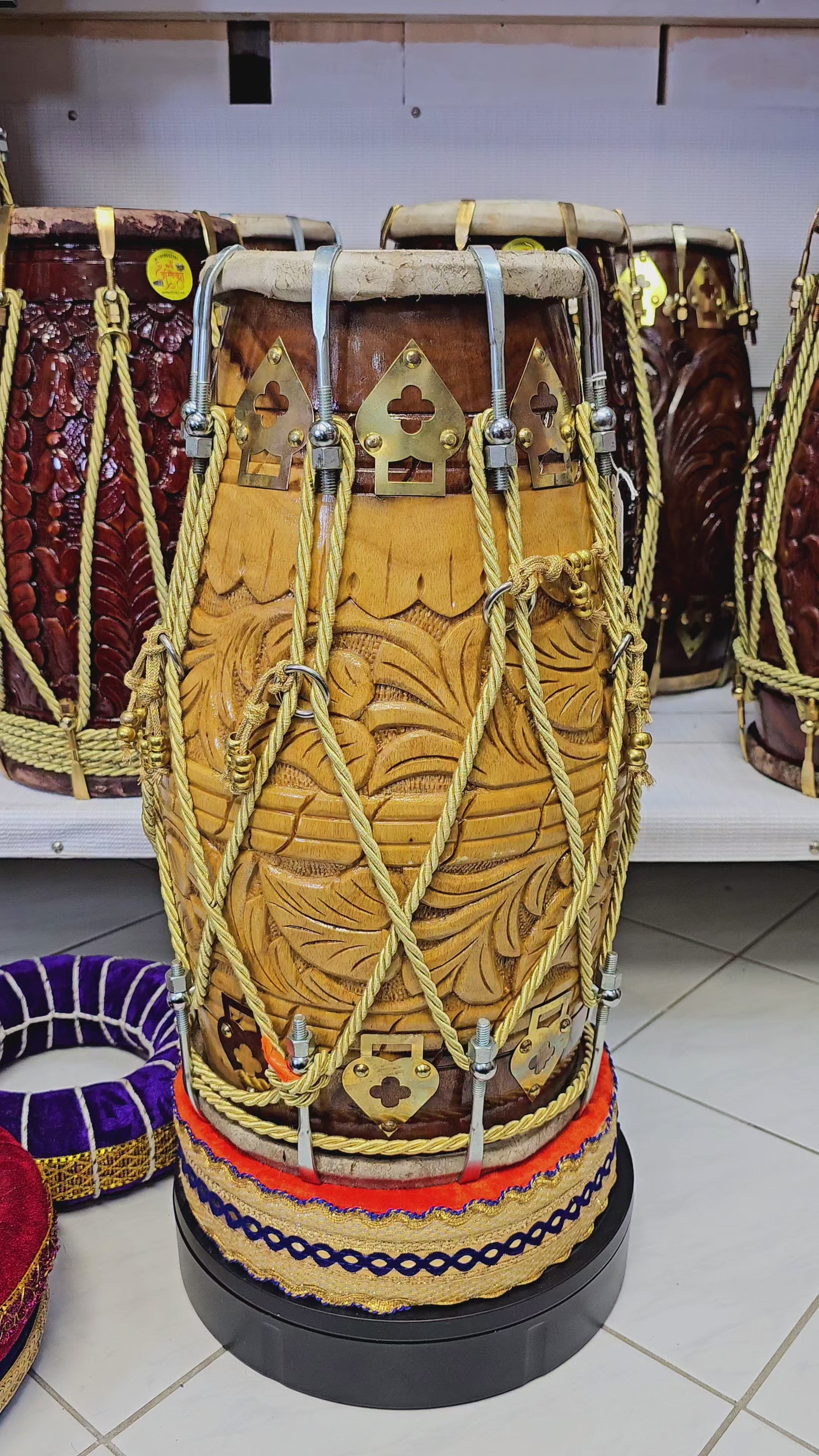 Vineyard Harmony Dholak - Lightweight 2-Tone Red Sheesham with Chrome Bolts and Golden Ropes Design