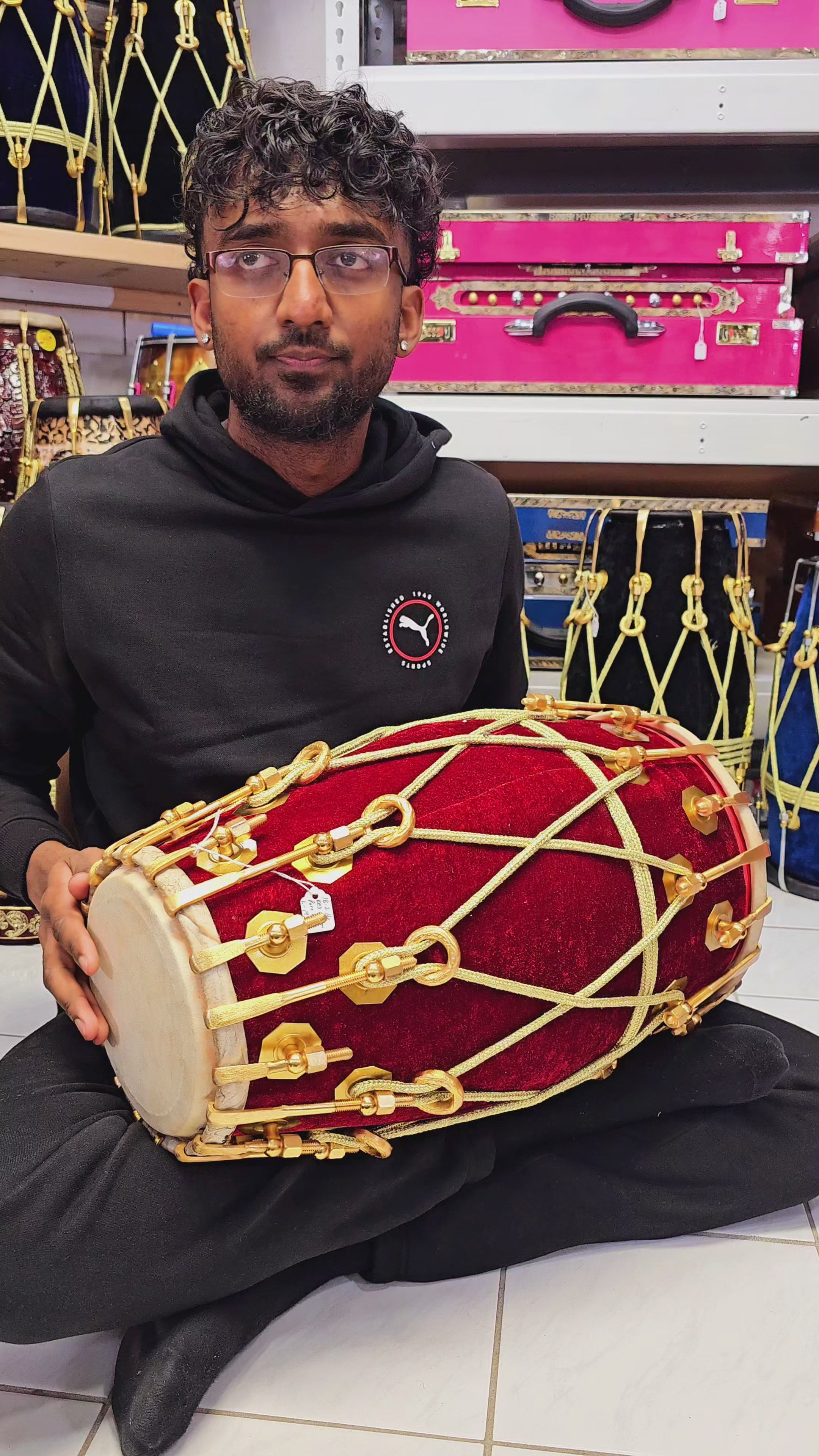 Regal Resonance: 36-Bolted Red Velvet Wrapped Red Sheesham Dholak with Golden Pure Brass Bolts and Ropes Design