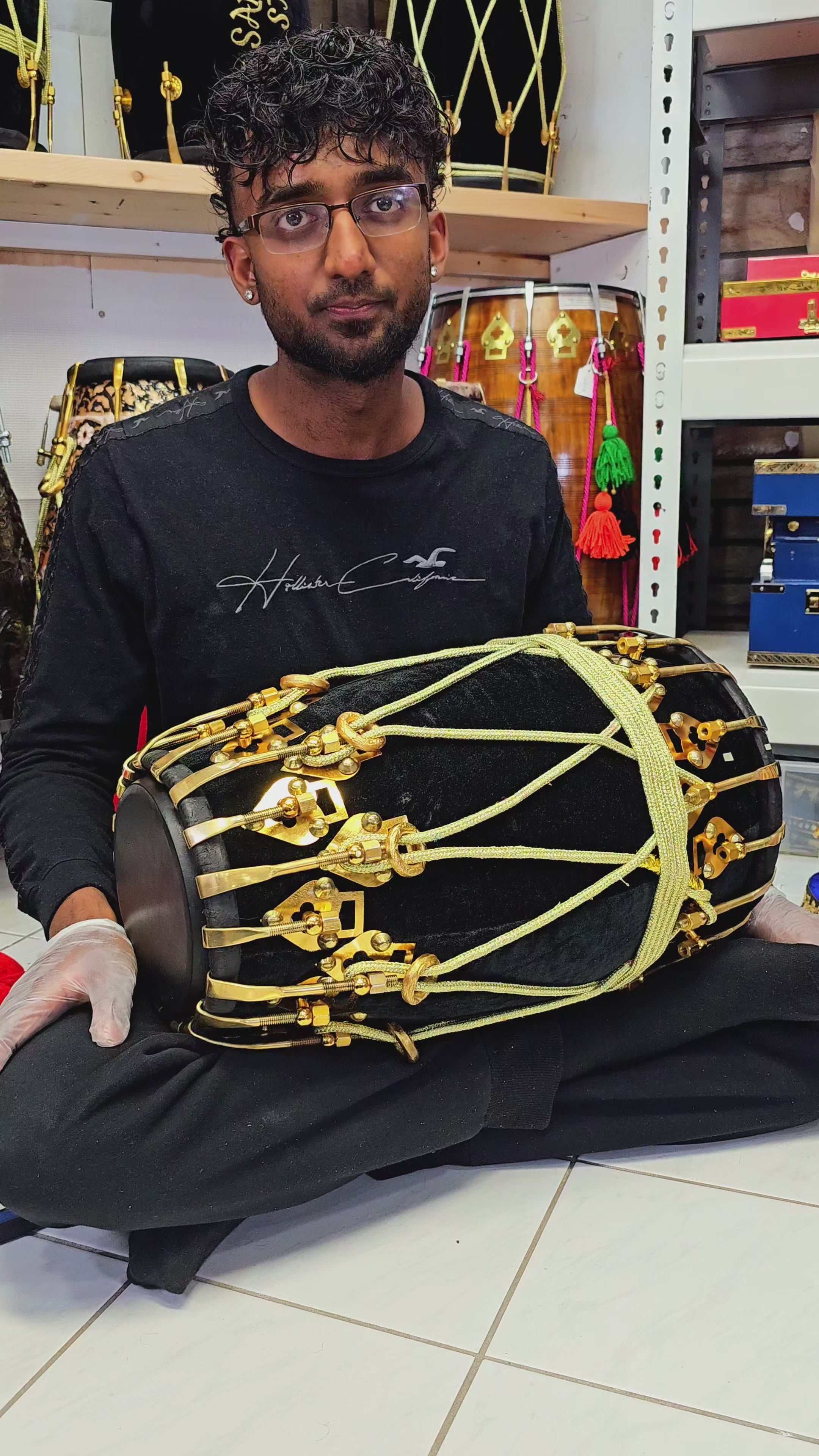 Velvet Elegance: Exotic Black Dholak with 36 Golden  Pure Brass Bolts and Black Pudis