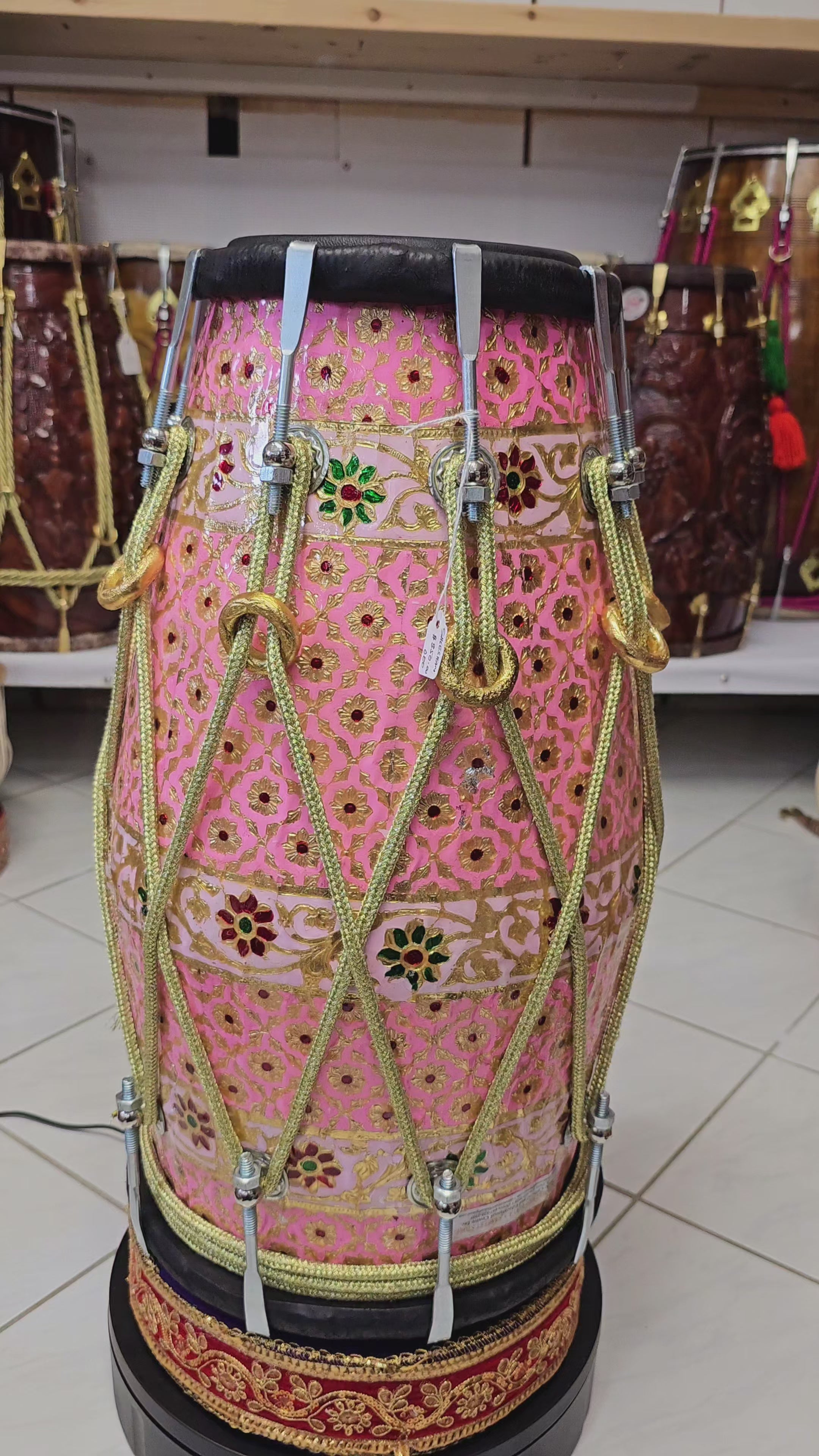 The Blushing Rose Petal Dholak - A Luxury Lightweight Pink Designer Dholak with Chrome Bolts and Black Pudis! *Clearance Sale*