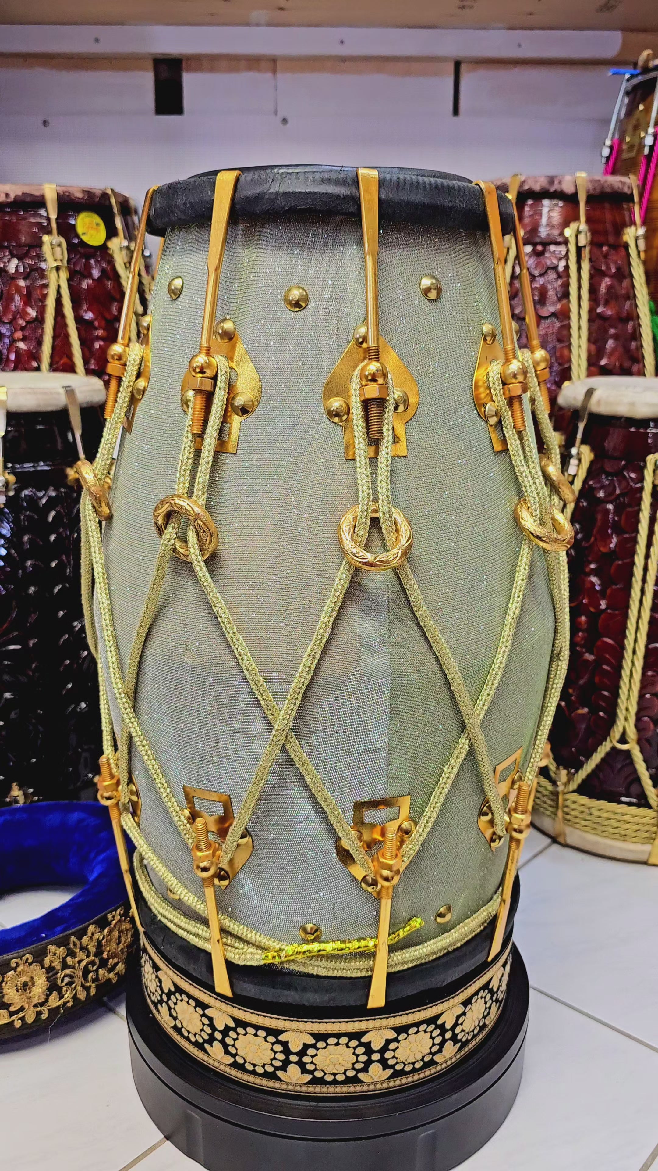 Radiant Rhythms: Sparkly Sherwani Wrapped Red Sheesham Dholak with Golden Brass Bolts and Black Pudis (Minor Fabric Rip Defects) (BLACK FRIDAY SALE!)