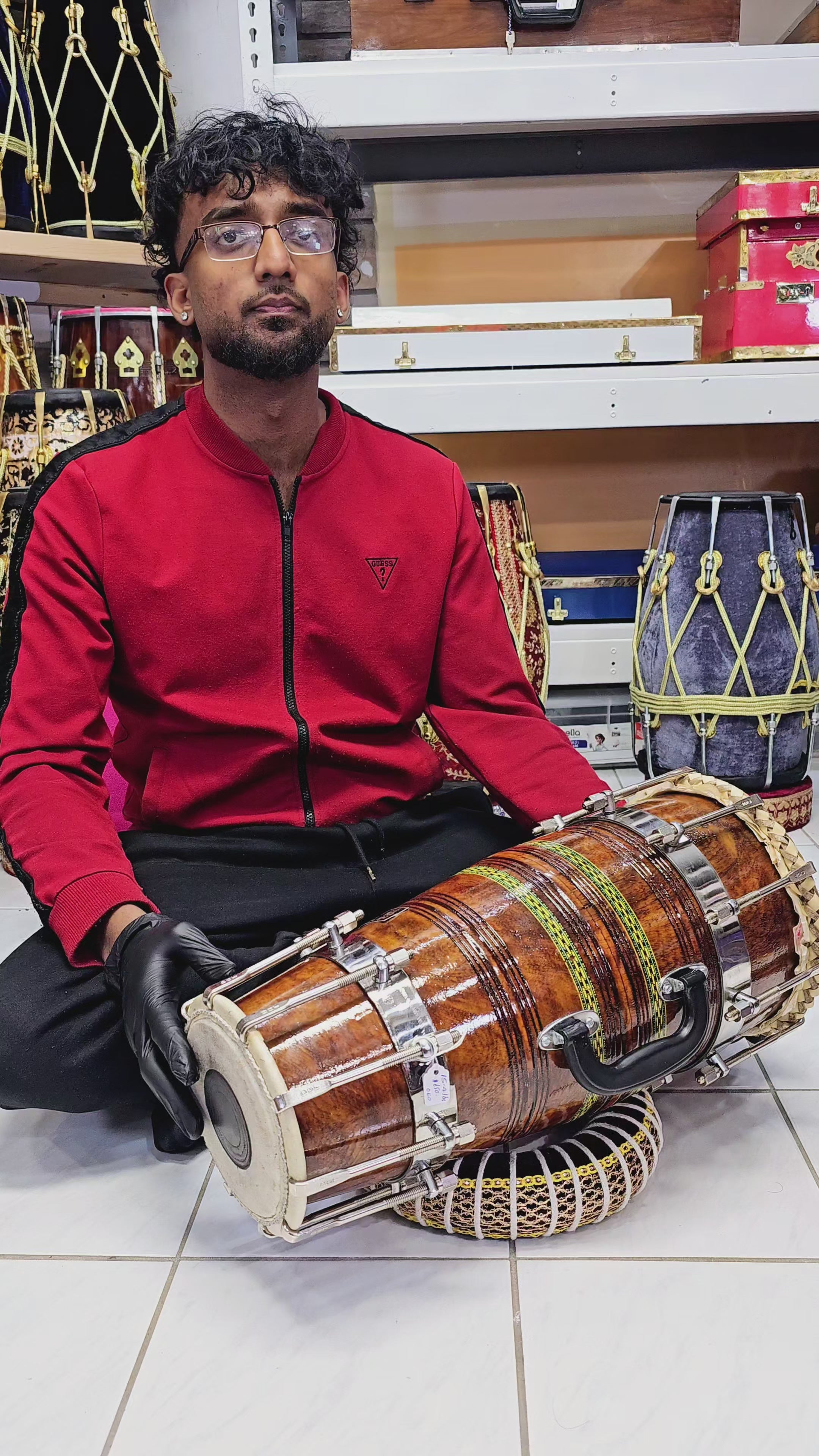Echoes of Tradition: Brown Bolted Traditional Red Sheesham Dholki (Naal) with Handle