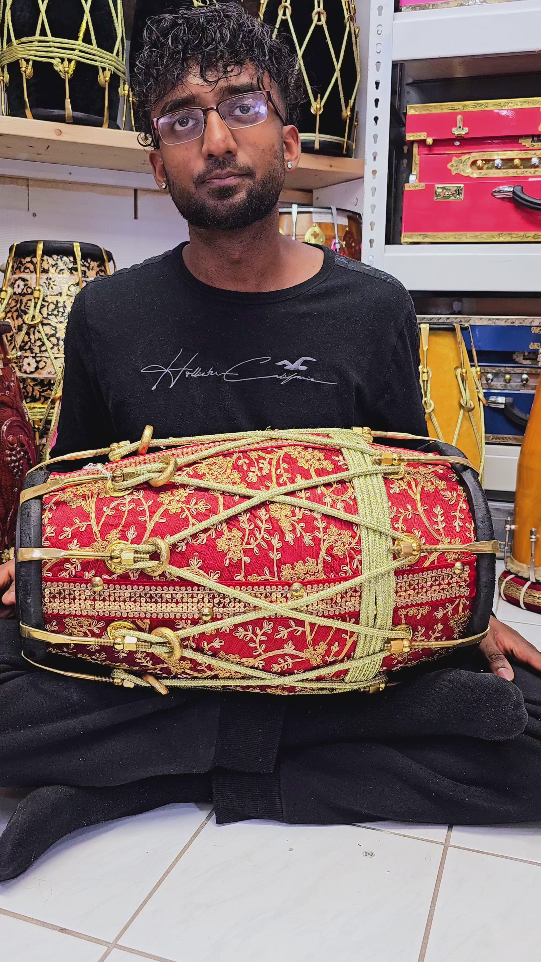 Regal Elegance: Red & Gold Sherwani Wrapped Red Sheesham Dholak with Golden Brass Bolts and Ropes, Black Pudis (BLACK FRIDAY SALE!)