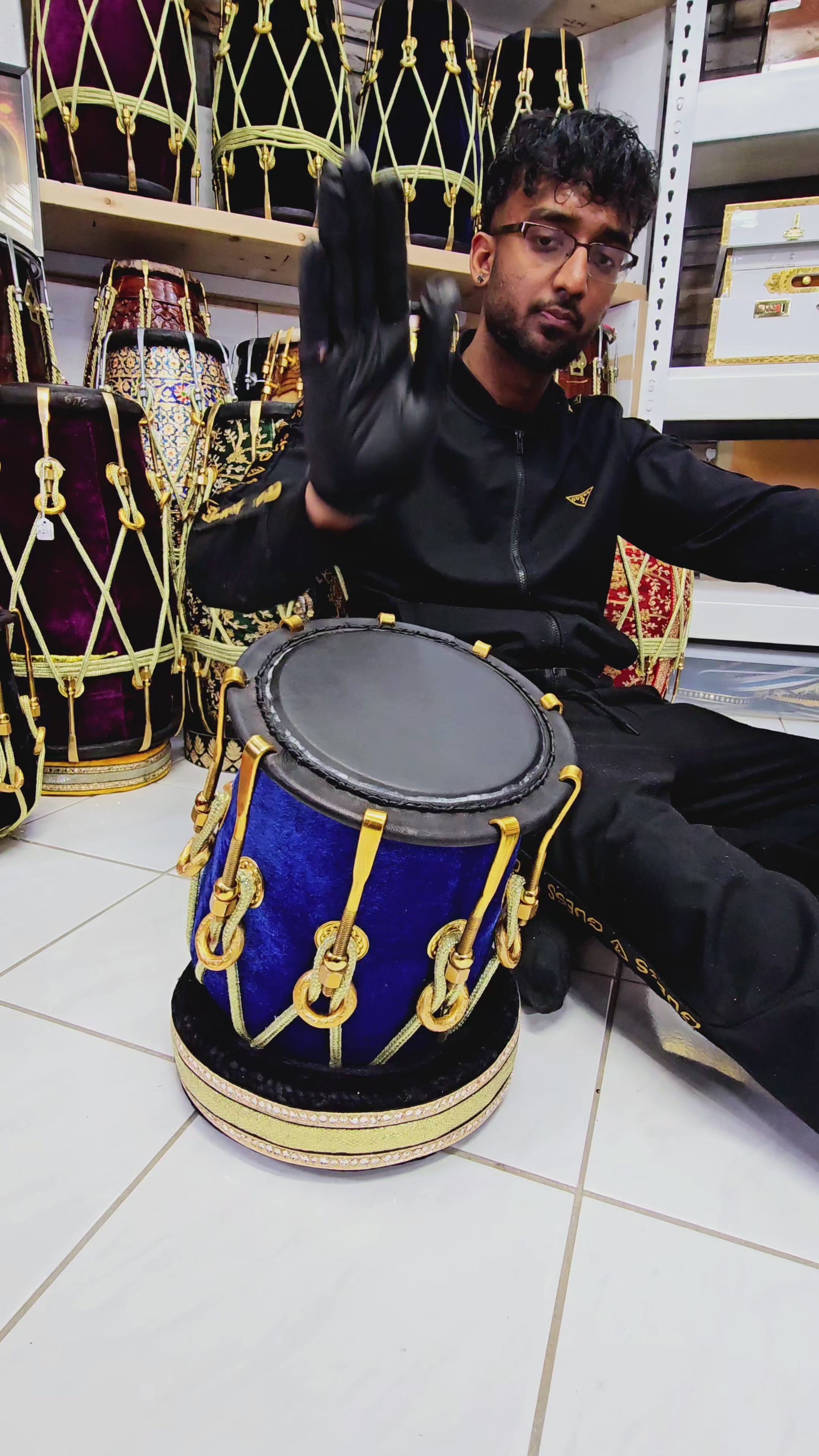 Sapphire Serenade: 6.25" Red Sheesham Half-Dholak with Blue Velvet Wrap, Golden Brass Accents, Ropes Design, and Ebony Black Skin *Minor Skin Discolouration*