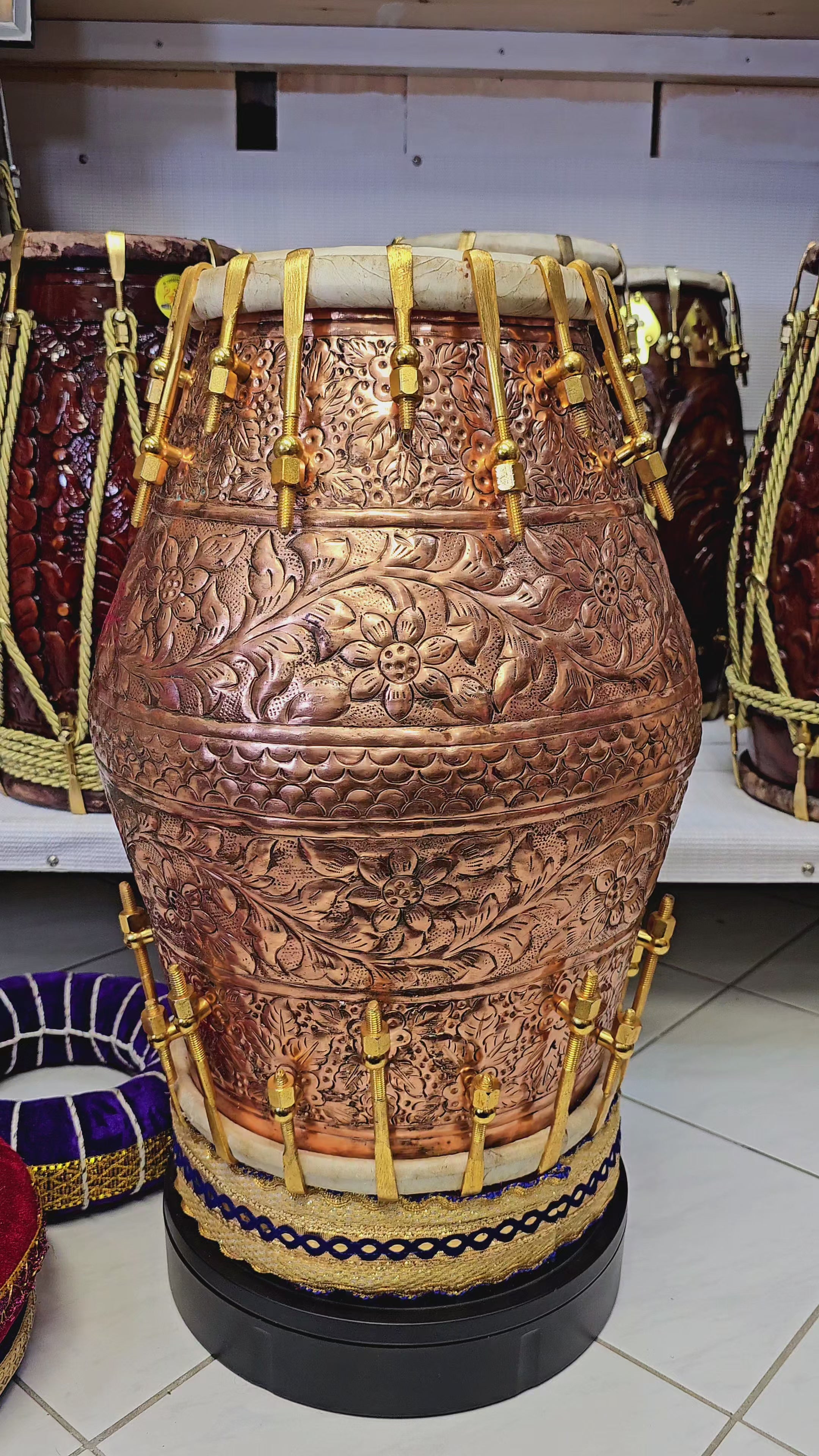 Artisanal Resonance Dholak - Pure Engraved Copper Body with Pure Brass Bolts