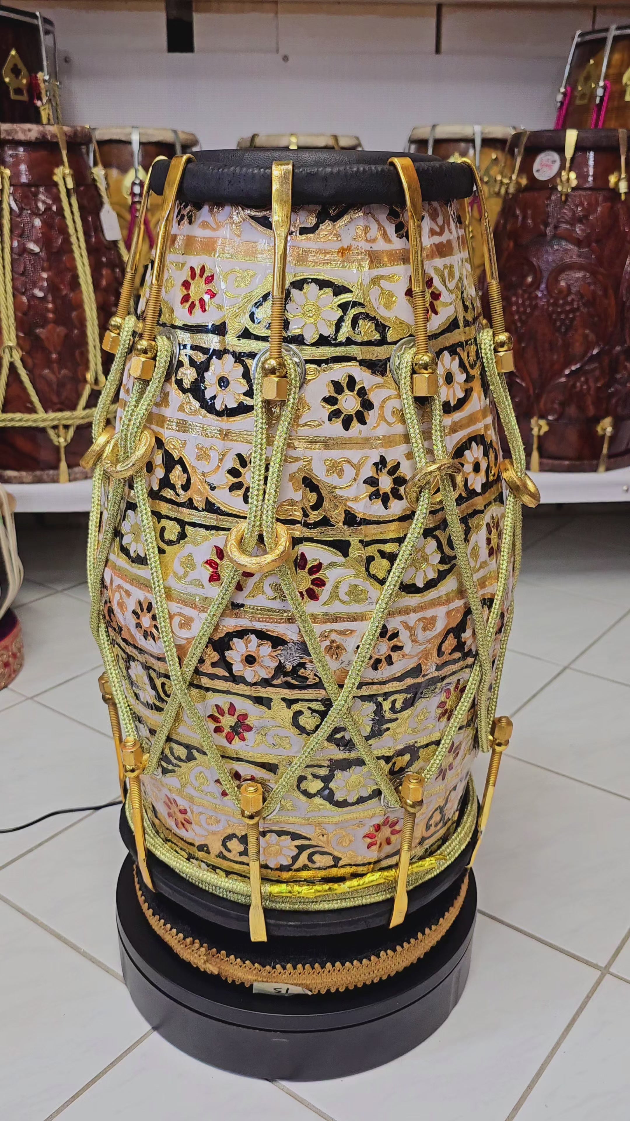 The Ethereal Ivory & Gold Luxe Dholak - A Luxury White Designer Dholak with Black Pudis and Golden Bolts!