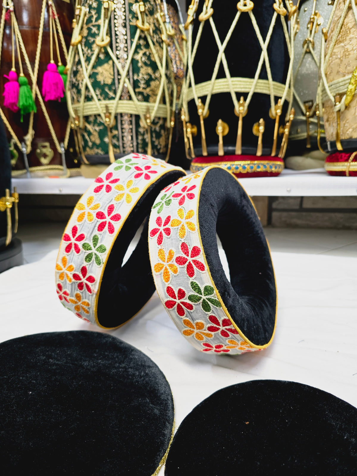 Eclipse Bloom Tabla Rings – Premium Black with Multicolor Floral Design" - Sangeet Store