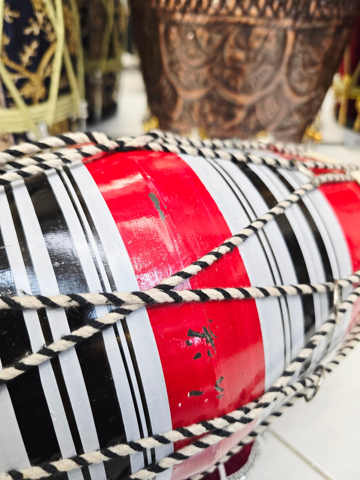 Red Toddler Dholak with Black & White Stripes (For Ages 1-3) *Minor Skin Rip & Cosmetic Defects
