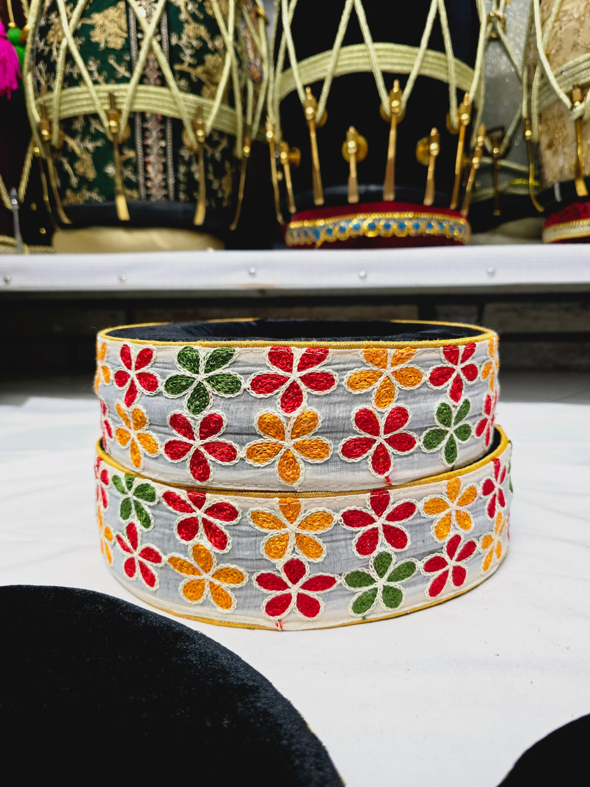 Eclipse Bloom Tabla Rings – Premium Black with Multicolor Floral Design" - Sangeet Store