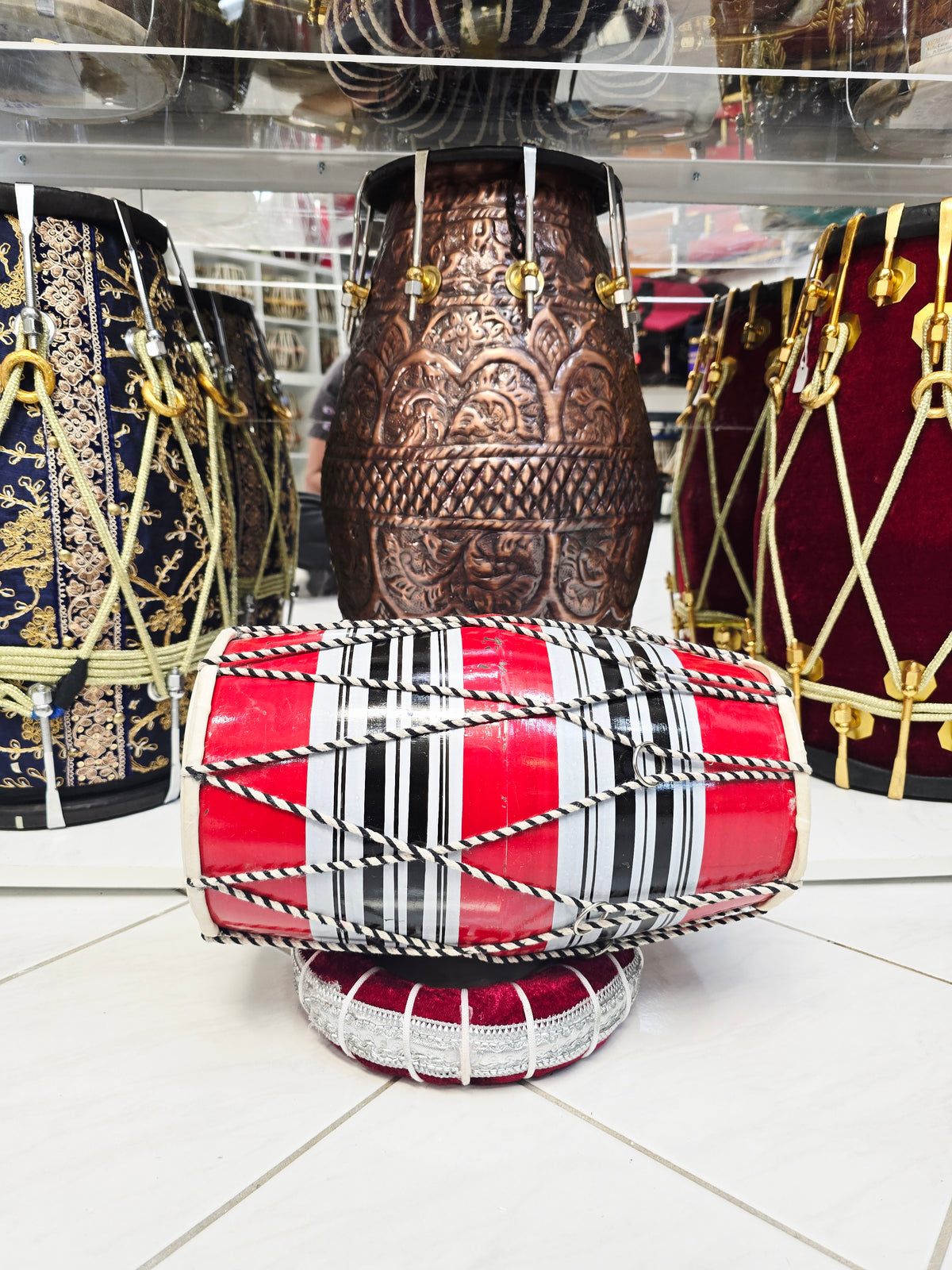 Red Toddler Dholak with Black & White Stripes (For Ages 1-3) *Minor Skin Rip & Cosmetic Defects