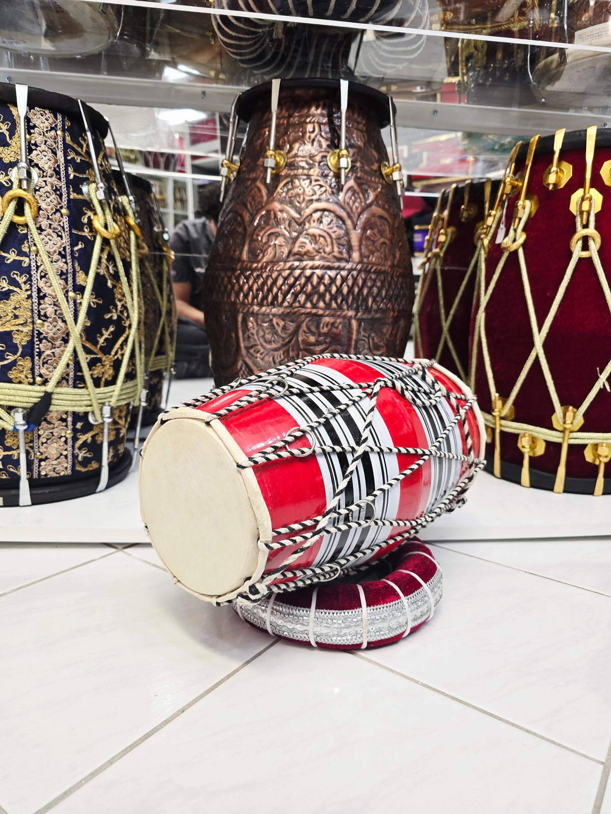 Red Toddler Dholak with Black & White Stripes (For Ages 1-3) *Minor Skin Rip & Cosmetic Defects