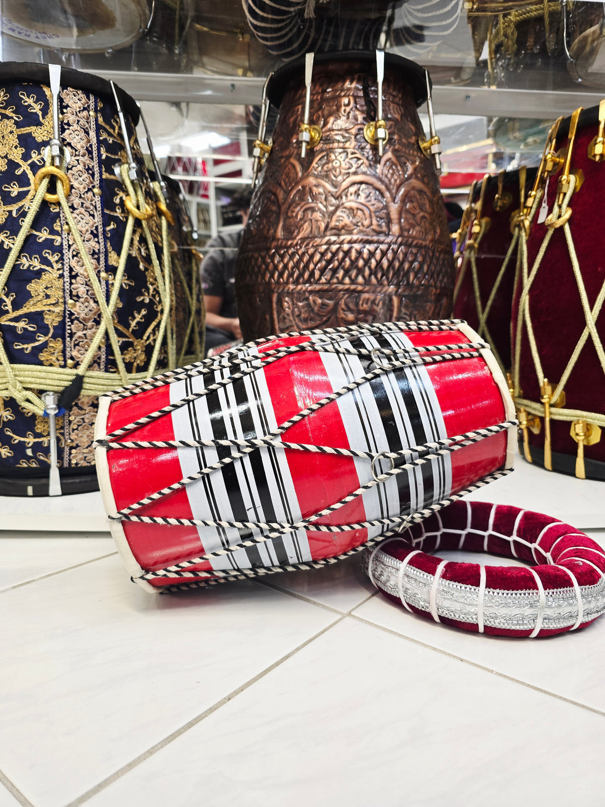 Red Toddler Dholak with Black & White Stripes (For Ages 1-3) *Minor Skin Rip & Cosmetic Defects