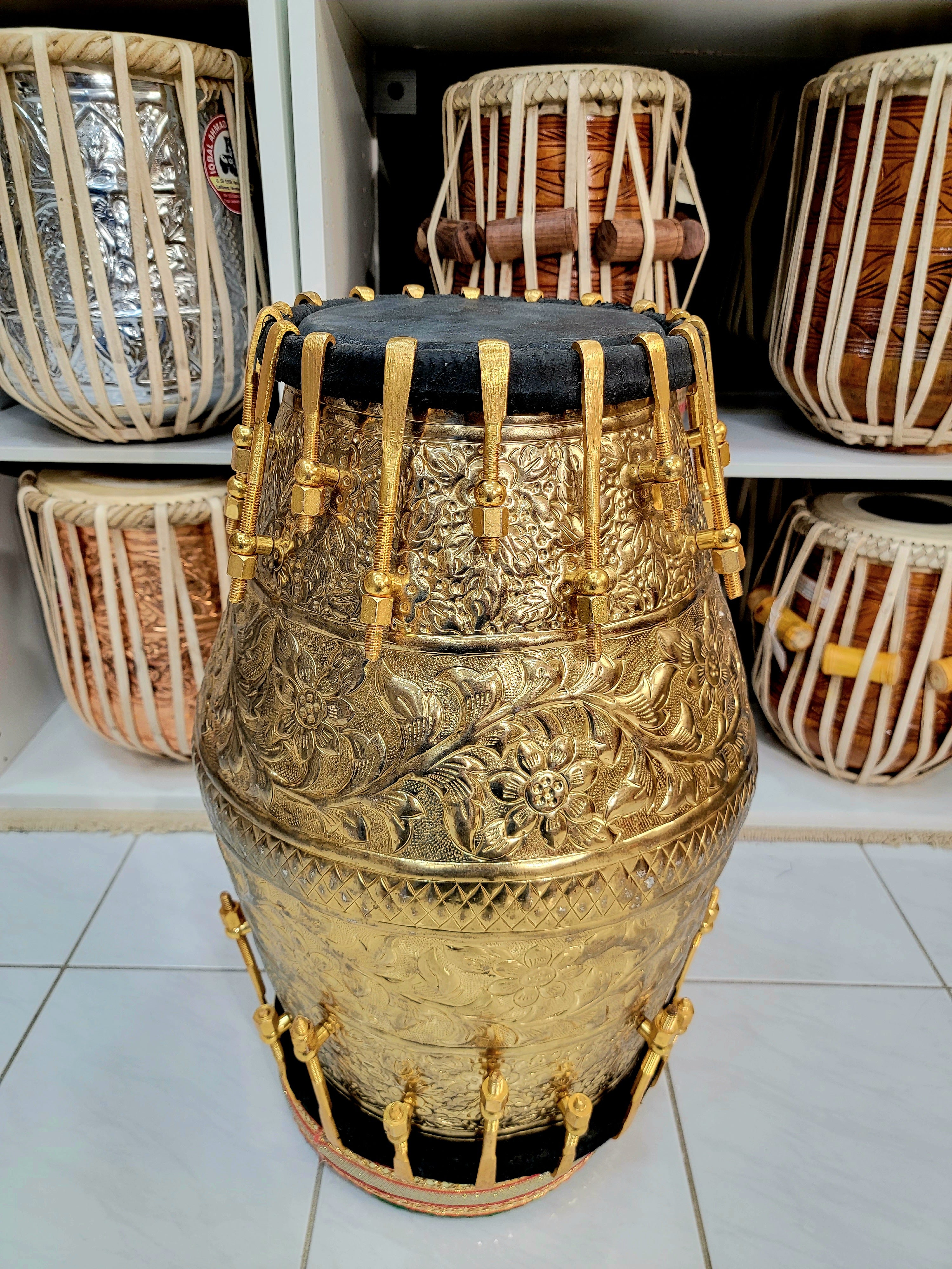 World's Rarest Pure Copper Dholak (Black Pudi + 36-Pure Brass Bolts + Engravements) - Sangeet Store