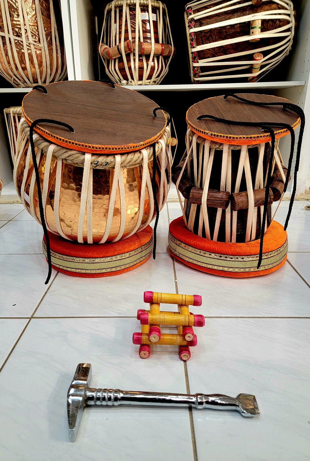 Bronze Copper  & Red Sheesham Advanced Semi-Professional Tabla Set (5.25" - D#/E/F) *slightly buzzing Bayan - Sangeet Store