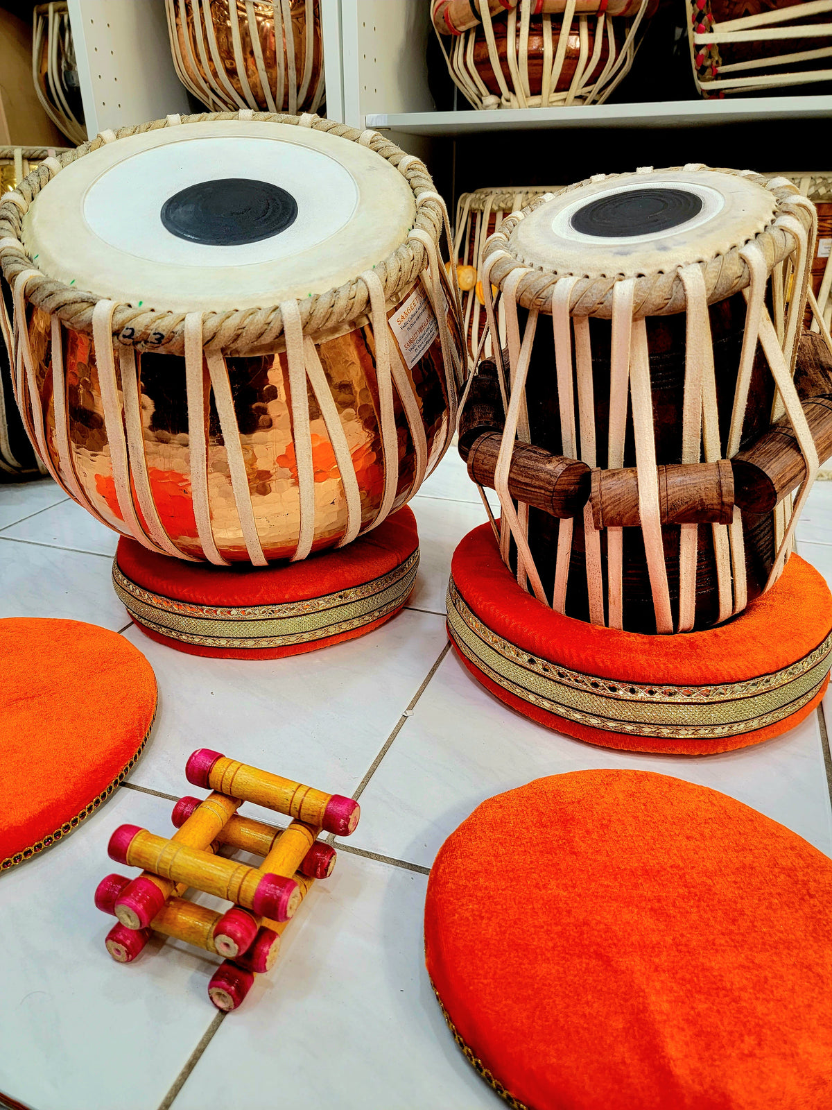 Bronze Copper  & Red Sheesham Advanced Semi-Professional Tabla Set (5.25" - D#/E/F) *slightly buzzing Bayan - Sangeet Store