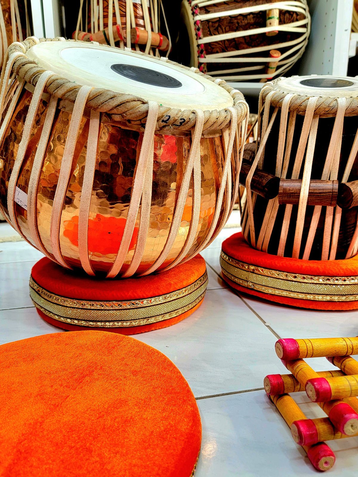 Bronze Copper  & Red Sheesham Advanced Semi-Professional Tabla Set (5.25" - D#/E/F) *slightly buzzing Bayan - Sangeet Store