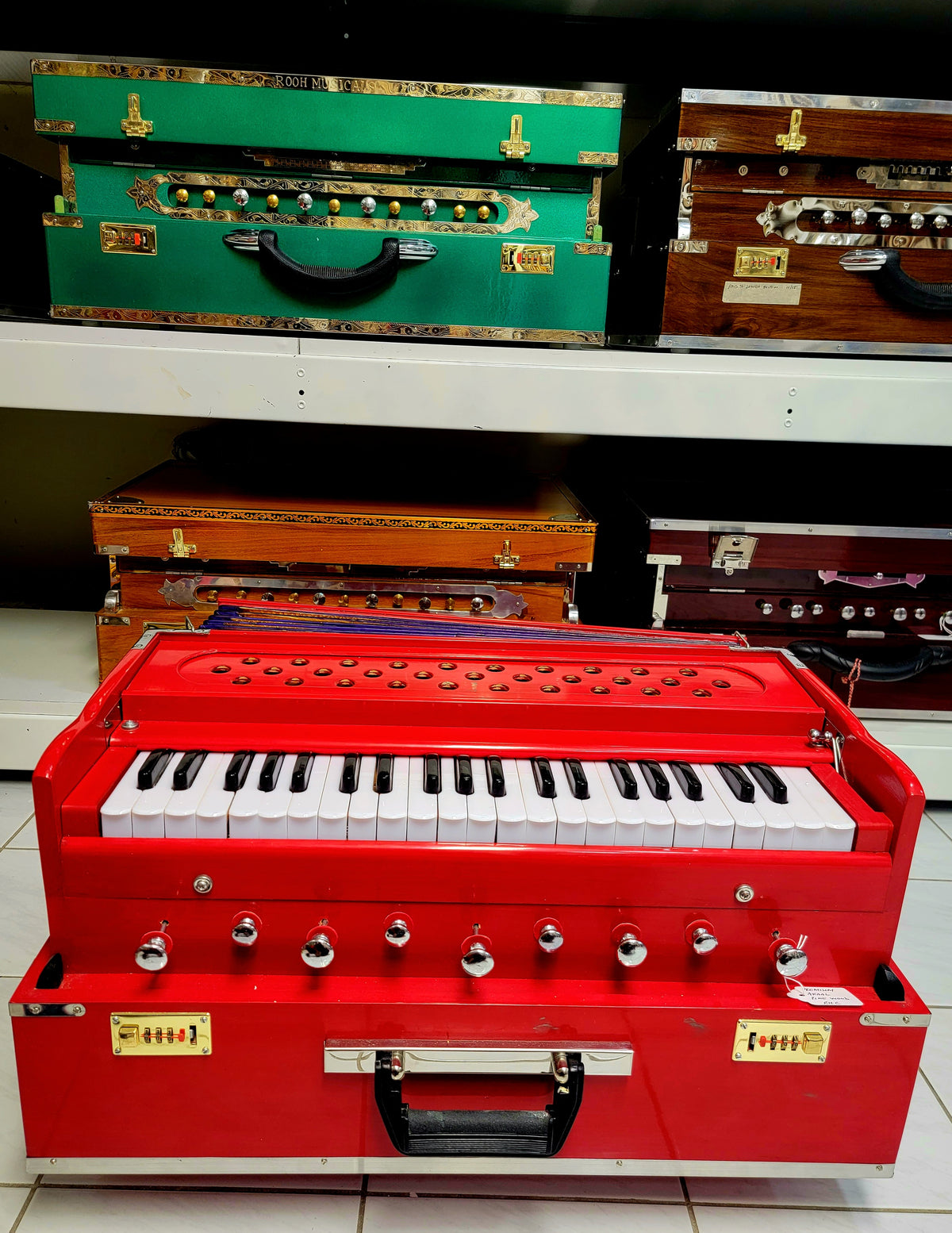 Premium Red Punjab Traveller Harmonium (2-Reeds - B/M Seasoned Pine Wood) - Sangeet Store