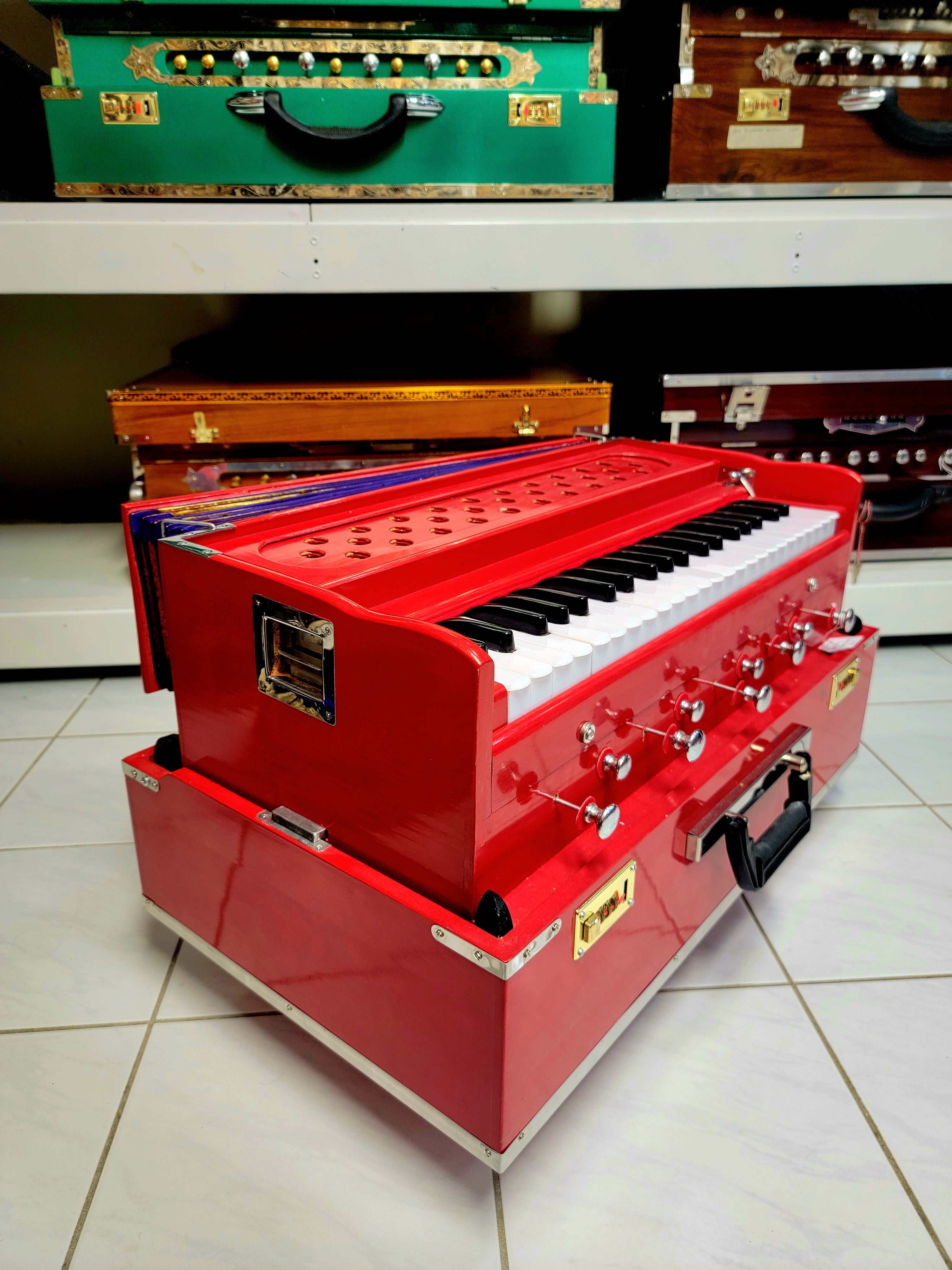 Premium Red Punjab Traveller Harmonium (2-Reeds - B/M Seasoned Pine Wood) - Sangeet Store