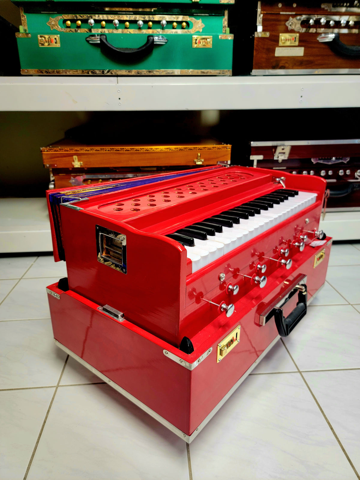 Premium Red Punjab Traveller Harmonium (2-Reeds - B/M Seasoned Pine Wood) - Sangeet Store