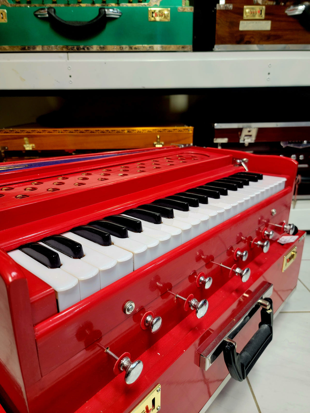 Premium Red Punjab Traveller Harmonium (2-Reeds - B/M Seasoned Pine Wood) - Sangeet Store