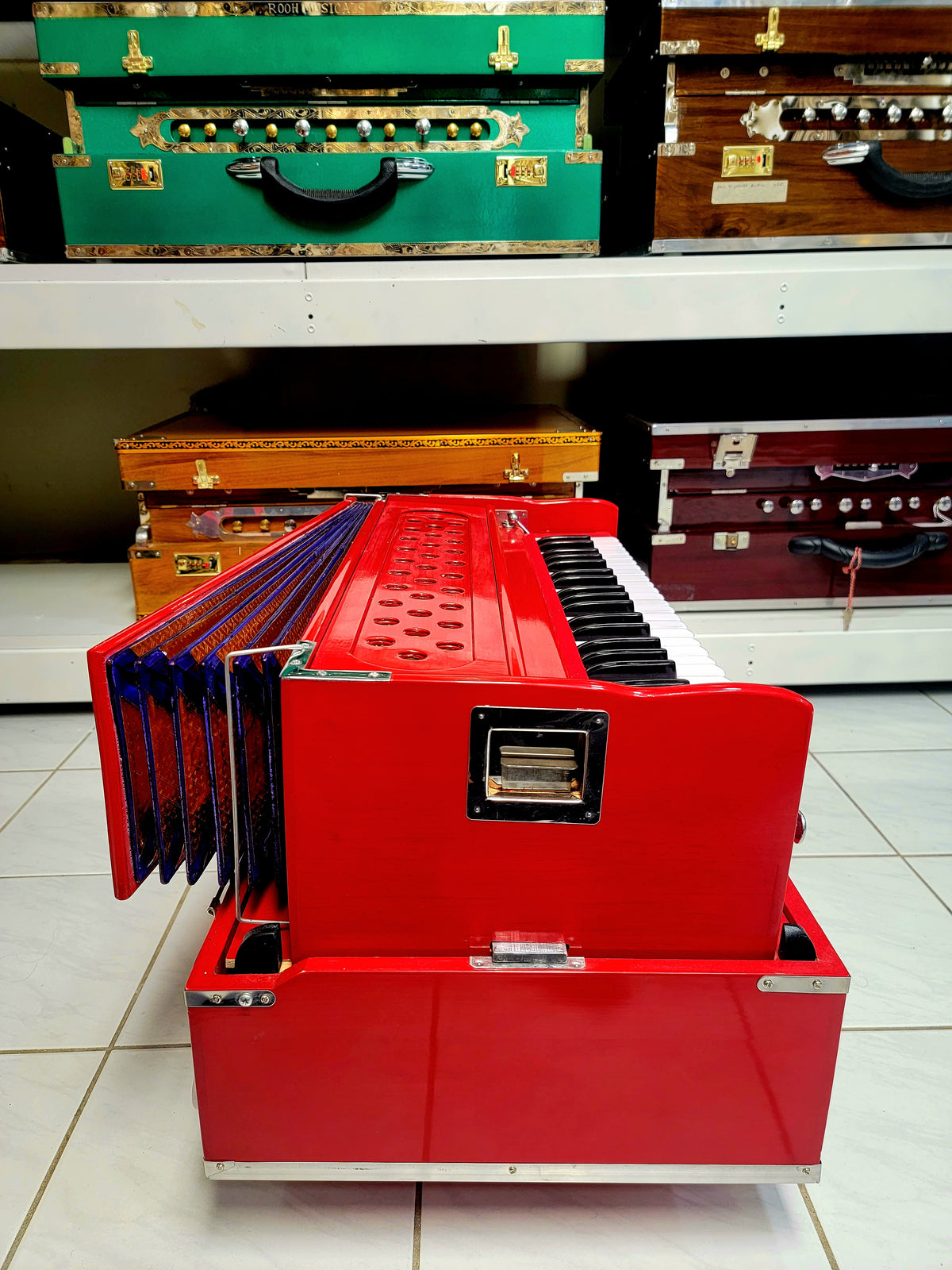 Premium Red Punjab Traveller Harmonium (2-Reeds - B/M Seasoned Pine Wood) - Sangeet Store