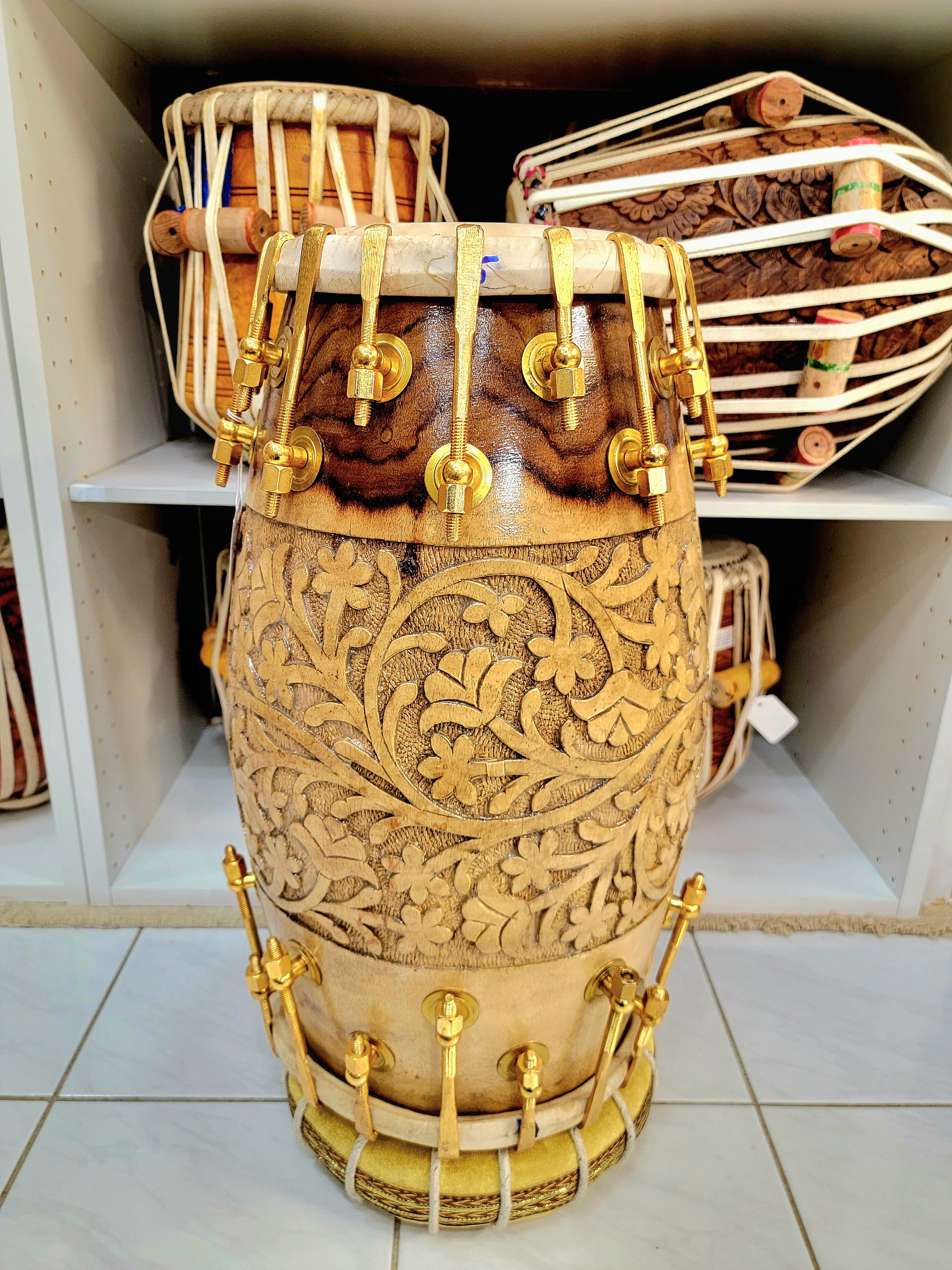 36-Bolted Heavyweight Floral Haven Golden Bolted Bollywood Dholak - Sangeet Store